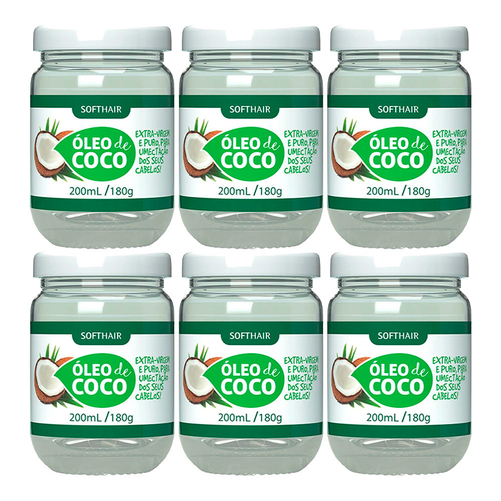 Kit 6 Óleo de Côco Extra Virgem para Cabelo e Pele Rosto Tratamento Capilar Umectação 180g Soft Hair