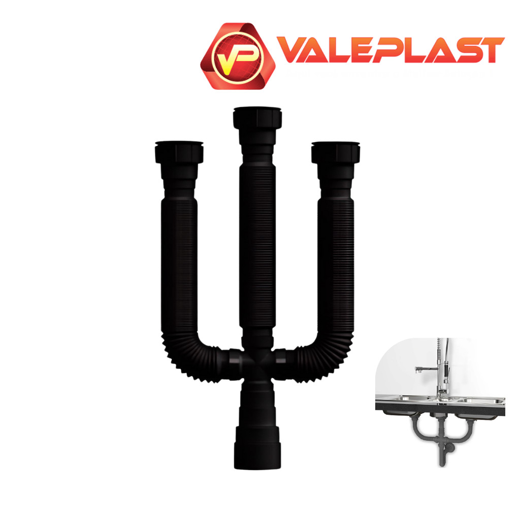 Sifao Preto 72cm Triplo para Tanque e Pias com Tripla Saída Sifão de Cozinha Tanque Maquina de Lavar