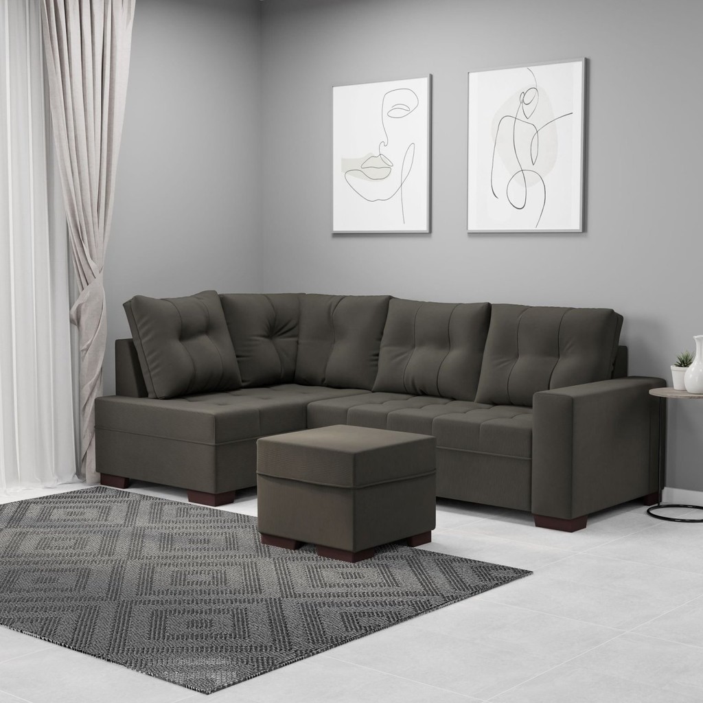 Sofá de Canto 6 Lugares com Puff 238cm Suede Cinza  Cinza em Oferta na Shopee