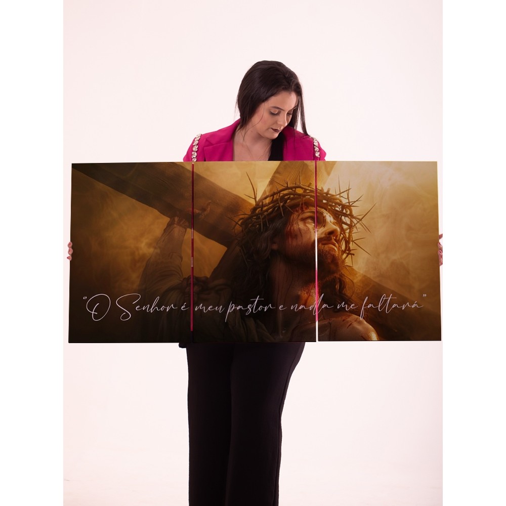 Quadro Decorativo Religioso 3 Peças Jesus Cristo Com Cruz Salmo 23 Parede Sala Quarto