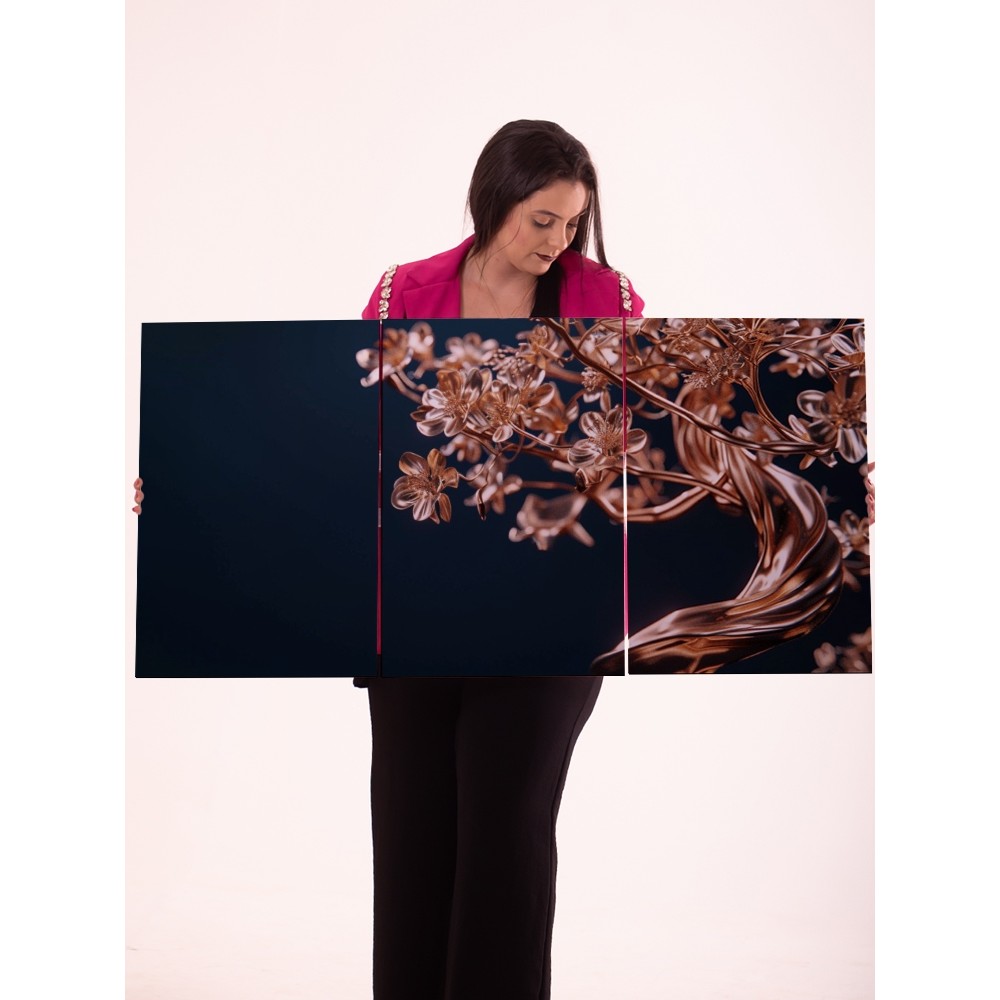Quadro Árvore da Vida Triplo Decorativo em Metal Cobre Painel 3 Peças Moderno para Sala Quarto