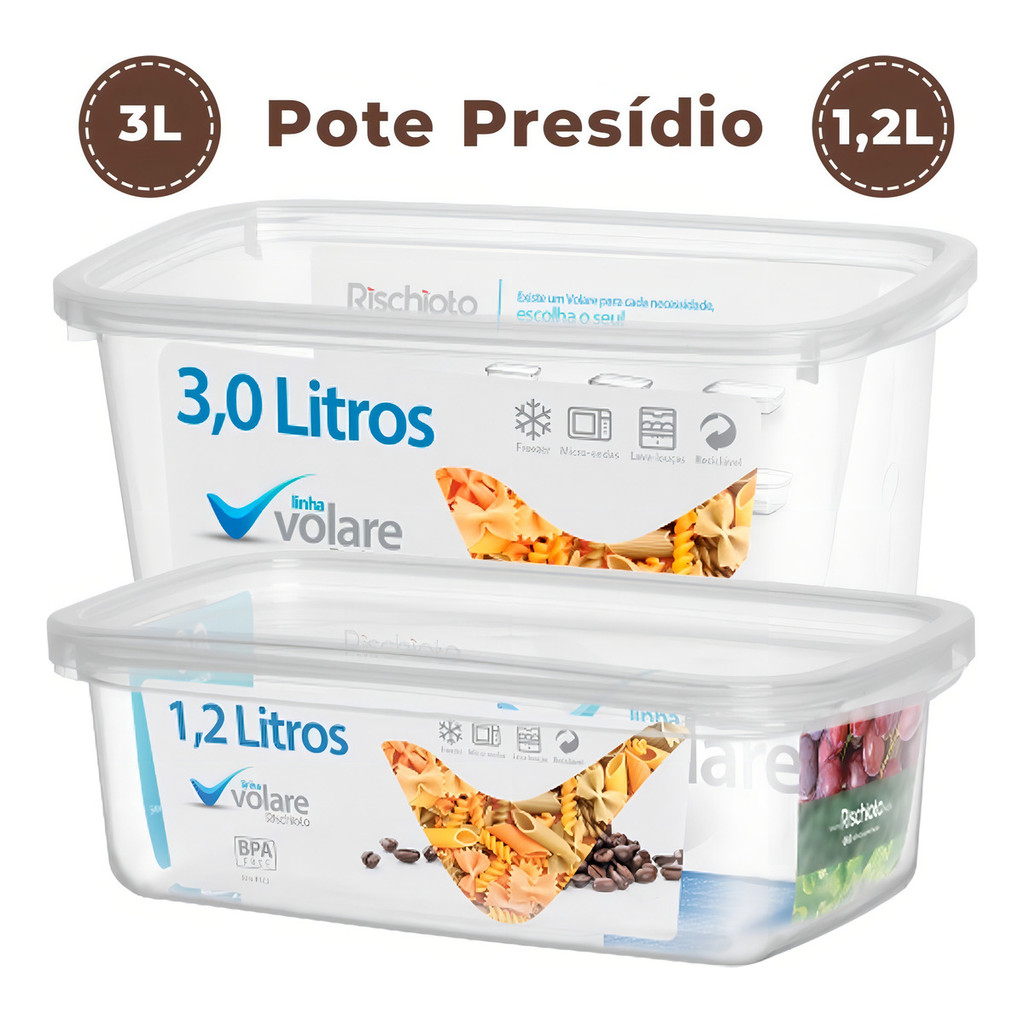 Kit 2 Potes Transparentes Volare 1,2l E 3l Medidas Presídio