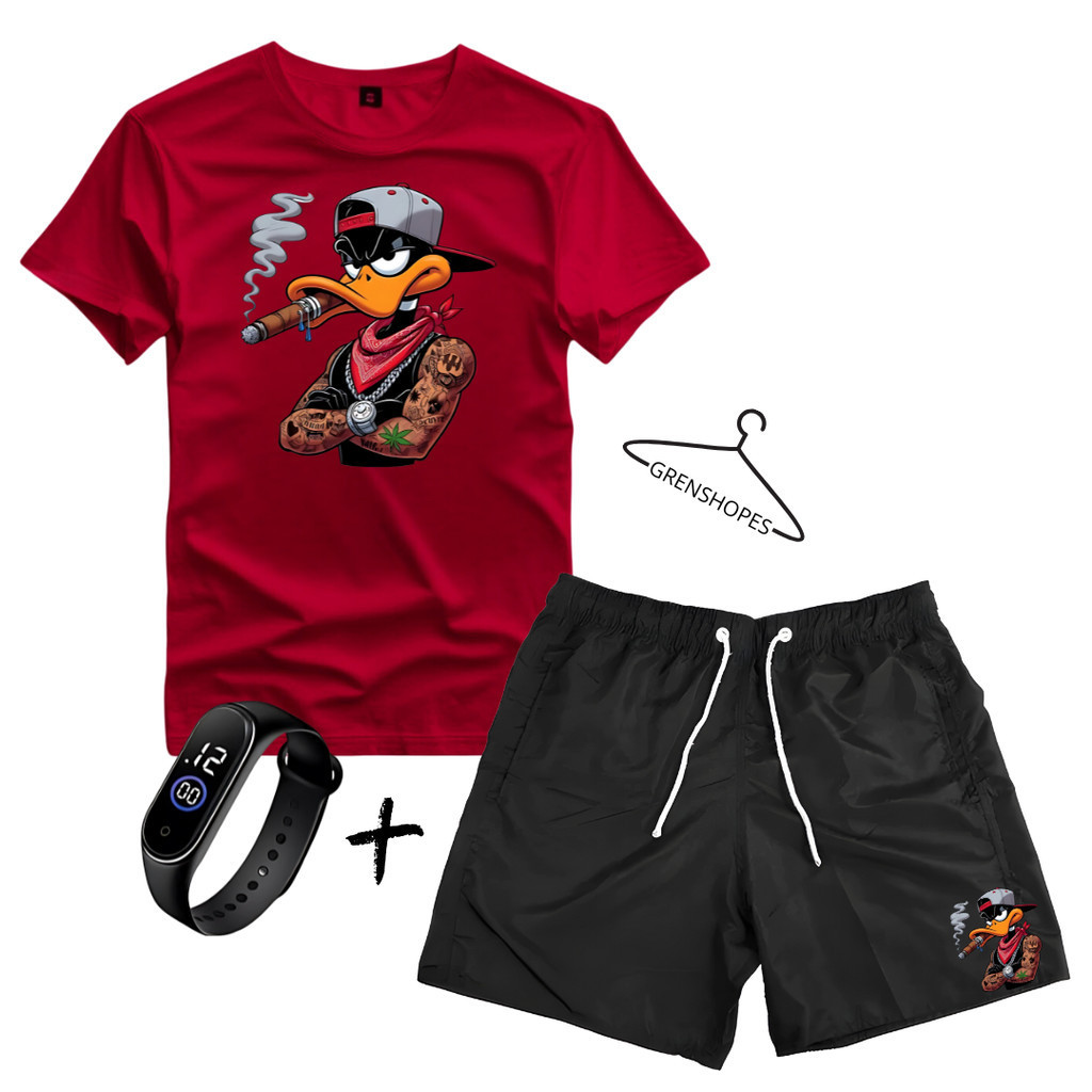digital Camiseta E Bermuda Tectel + Relogio Estampa Pato Camisa Masculina premium