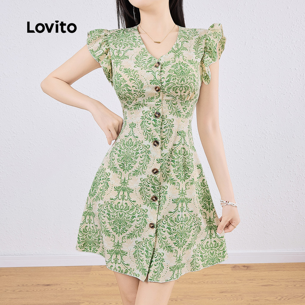 Lovito Vestido Boho com estampa Tribal e babados drapeado para mulheres L132AD1080 em Oferta na Shopee