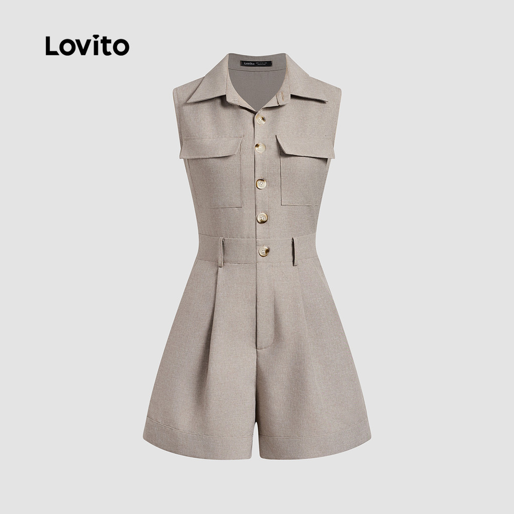 Detalhes do Lovito Macacão Casual com Bolso Botão Tecido Crocante Primavera/verão Cor Cáqui Clara para Mulheres L138ED303