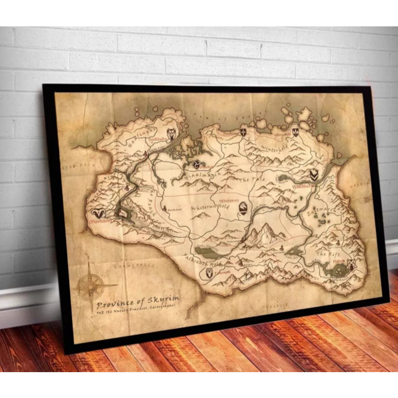 Quadro placa Decorativo game geek Mapa Elder Scrolls Skyrim videos games