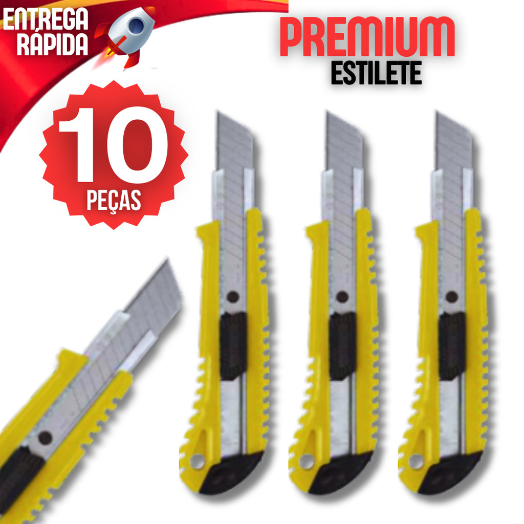 Kit 10 Estilete Precisão Emborrachado Escolar Escritório Trava Gira Profissional Lâmina Qualidade