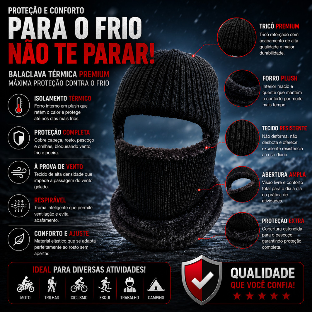 Balaclava Térmica Premium Forrada Com Plush Touca Corta Vento Para Moto Trilha E Inverno