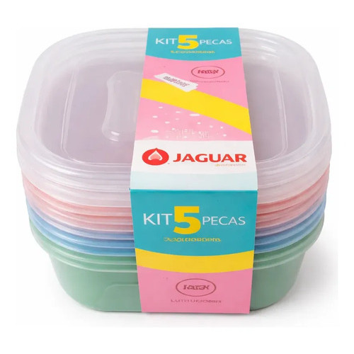 Kit 5 Potes Para Alimentos Jaguar Utilidades 690 Ml Azul Verde E Rosa