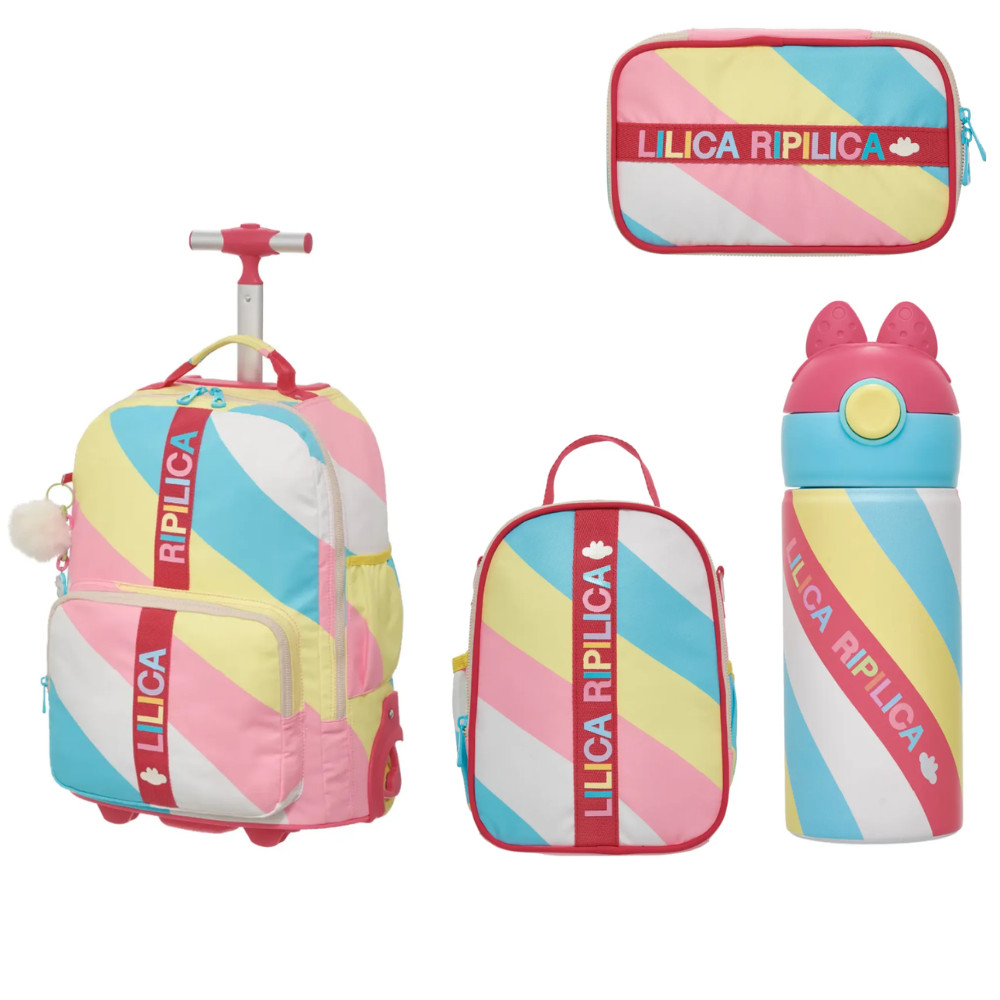 KIT MOCHILA RODINHA, LANCHEIRA, ESTOJO E GARRAFA INOX 420ML LILICA RIPILICA LOVIT VIBRANT - PACIFIC