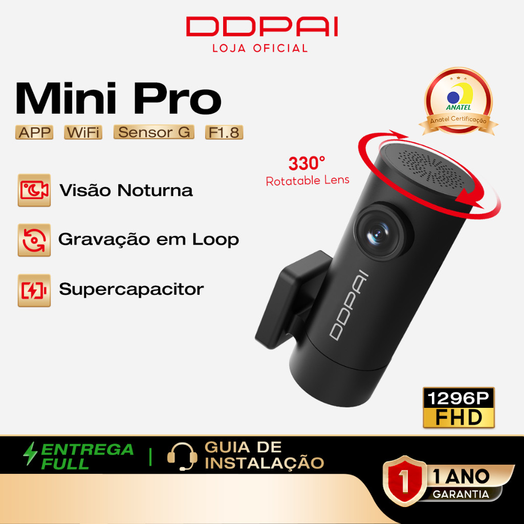 DDPAI Mini Pro Uber Câmera Veicular 2K Ângulo de 140° Dash Cam Wi-Fi Visão Noturna Monitoramento 24h