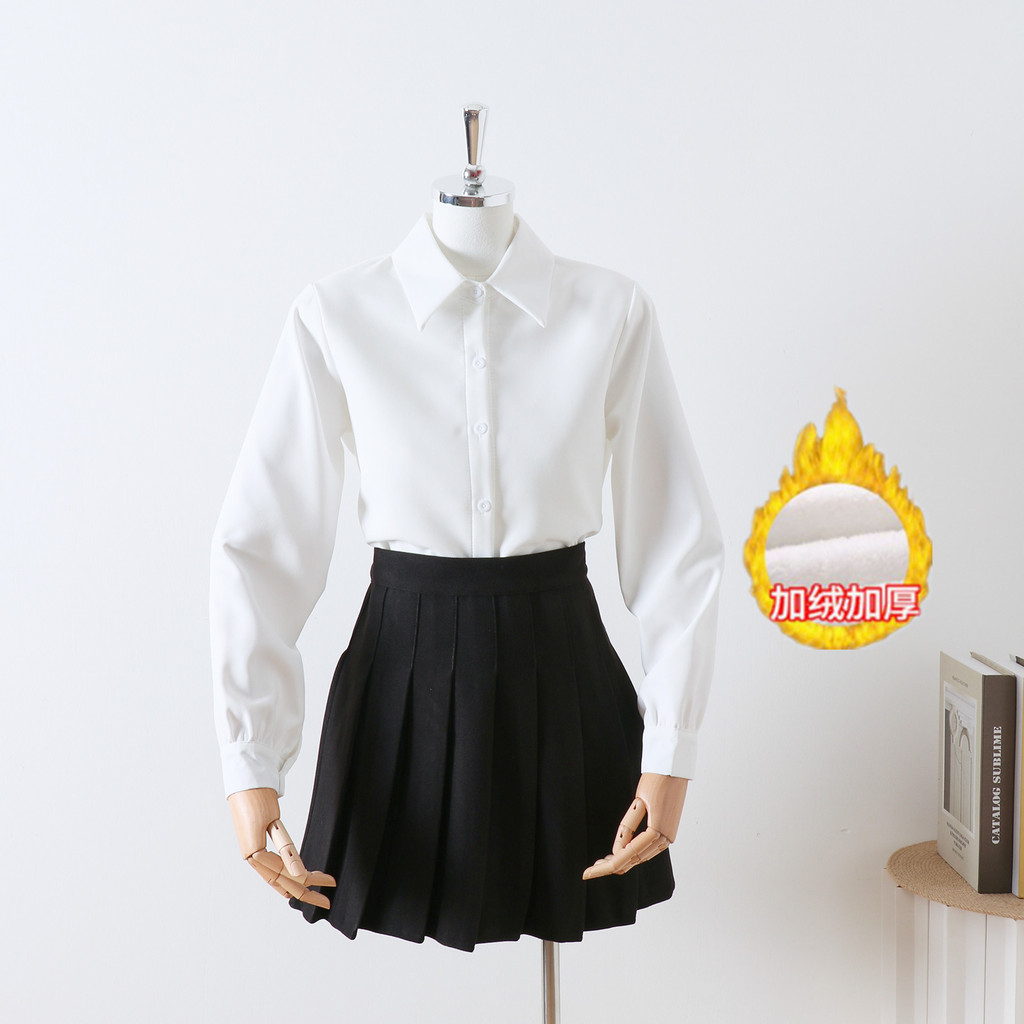 Outono inverno algodão camisa branca feminina em camadas fundo interno puro camisa branca inverno forro de lã engrossado