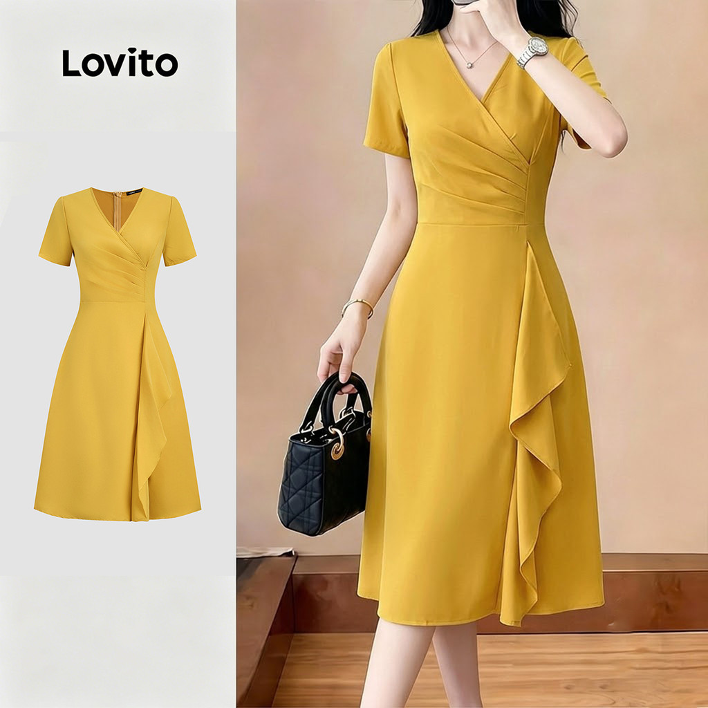 Lovito Vestido Elegante Assimétrico Pregueado Simples Amarelo Primavera/verão pa