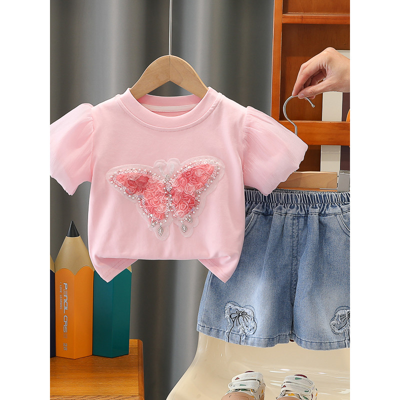Meninas roupas de verão 2026 novo estilo moda borboleta manga curta terno de duas peças bebê verão moda crianças roupas