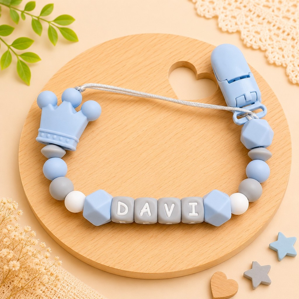 Prendedor de Chupeta de Silicone Macio e Mordedor Personalizado com Nome do Bebê Coroa BPA FREE