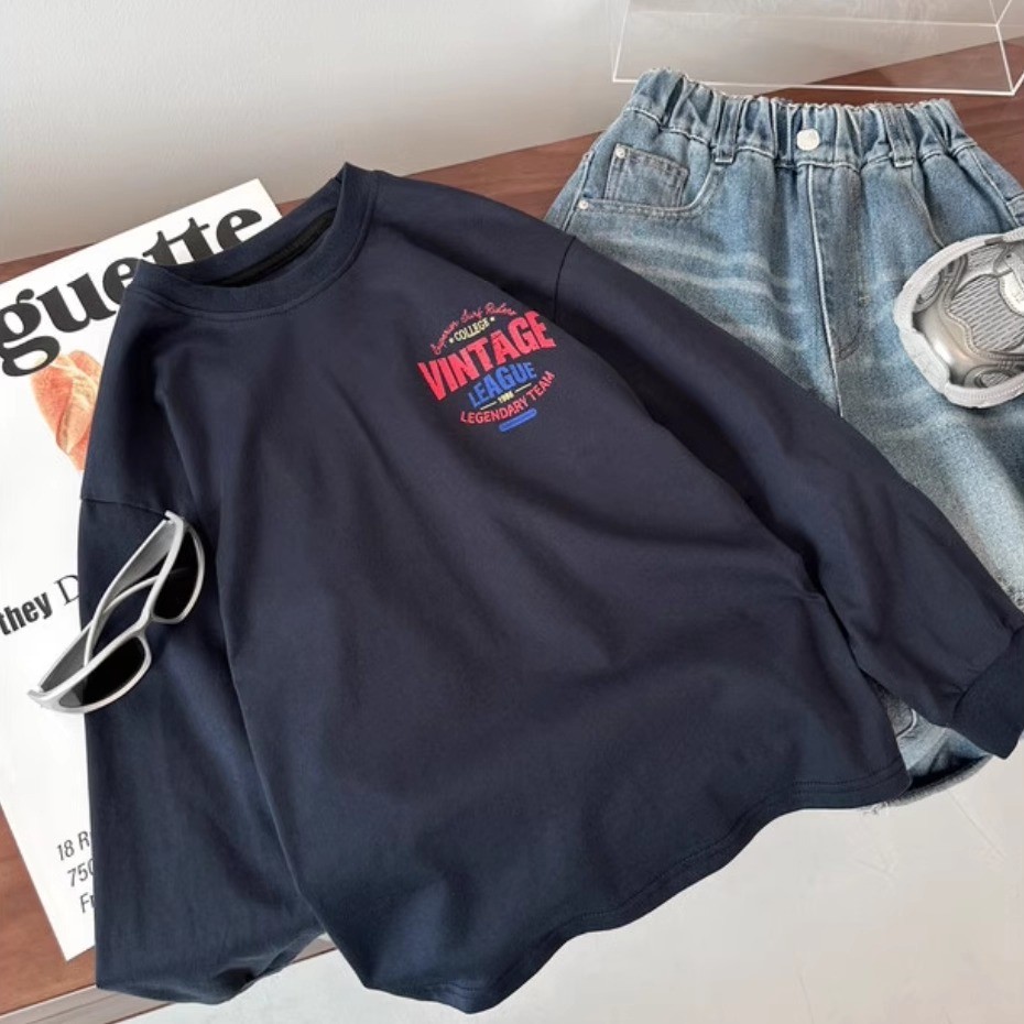Meninos de manga comprida camiseta primavera outono estilo 2025 novo estilo crianças primavera topo solto Casual meninos