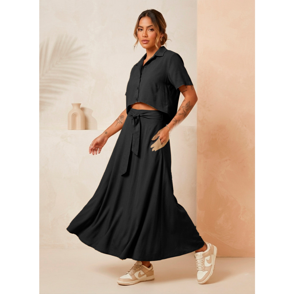 Conjunto Feminino Camisa Social Botões Modelo Cropped E Saia Midi 0202