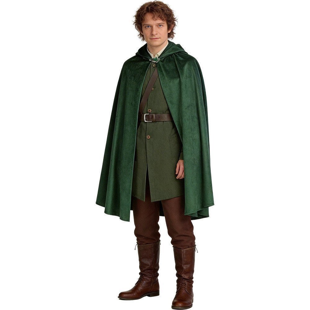 Fantasia de Cosplay do Frodo de O Senhor dos Anéis e O Hobbit, Capa Verde com Capuz. Fantasia completa de cosplay 89QZ
