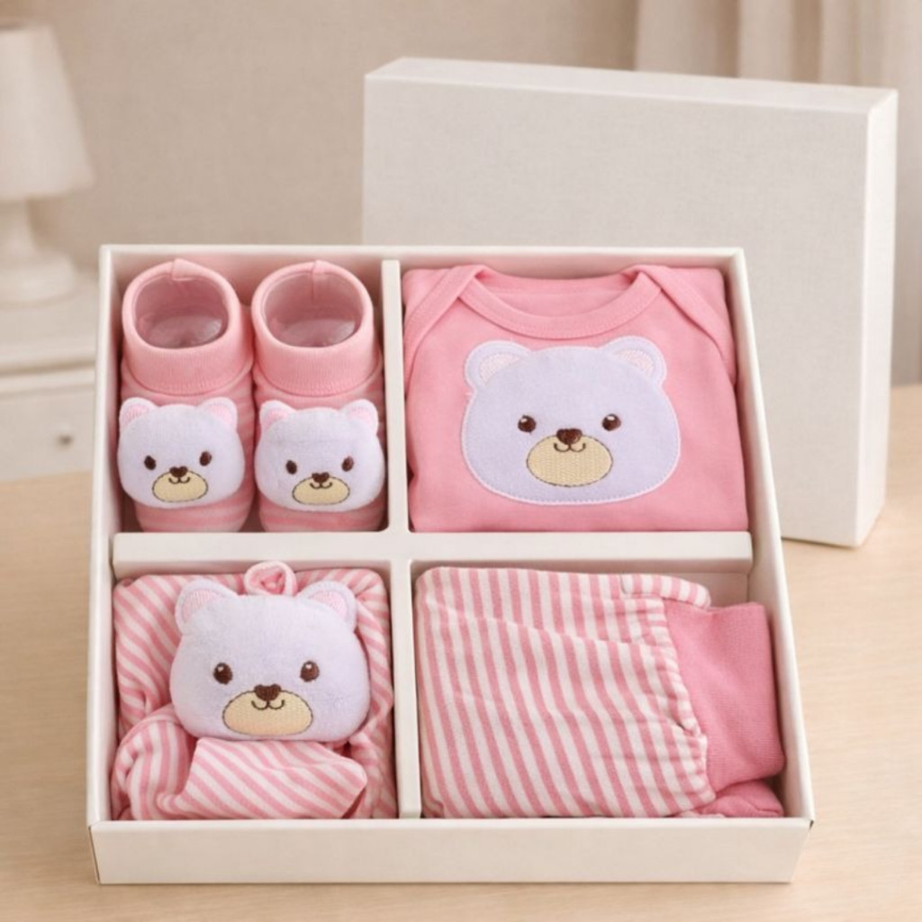 Presente Bebê Recém Nascido 4 Peças Body Manga Curta Calça Naninha E Meia Pantufa Bichinho 3D