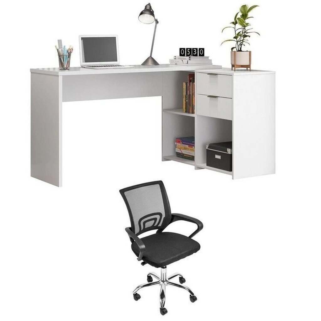 Conjunto 2 Peças com Mesa Escritório em L Nt 2060 e Cadeira de Diretor Tok Branco Preto