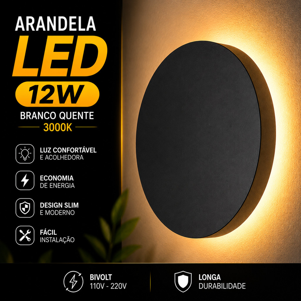 Arandela Led Redonda 12w Preta Estilo Plafon Luz Branco Quente 3000K Design Slim Bivolt
