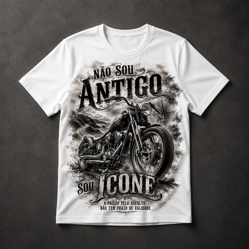 Camiseta Masculina Moto Clássica Não Sou Antigo Sou Ícone Chopper Biker Vintage