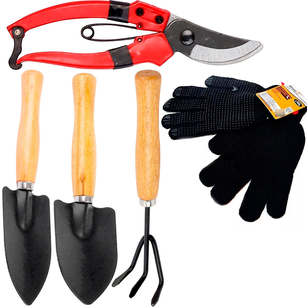 kit Jardinagem Jardim Tesoura Poda Ancinho Pazinha Garfo Luva.