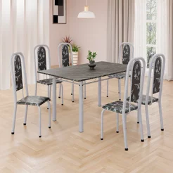 Conjunto de Mesa Retangular 140x75cm Tampo Ardósia Indiano 6 Cadeiras Lavínea Branco/Preto Floral/Mart Pérola Preto