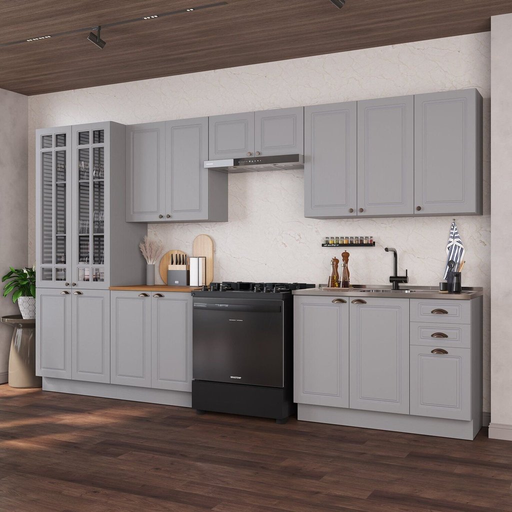 Cozinha Modulada 6 Peças 1 Cristaleira com Vidro 2 Balcão sem Tampo 3 Aéreos 100% MDF com Rodapé Bari Cinza/Titânio