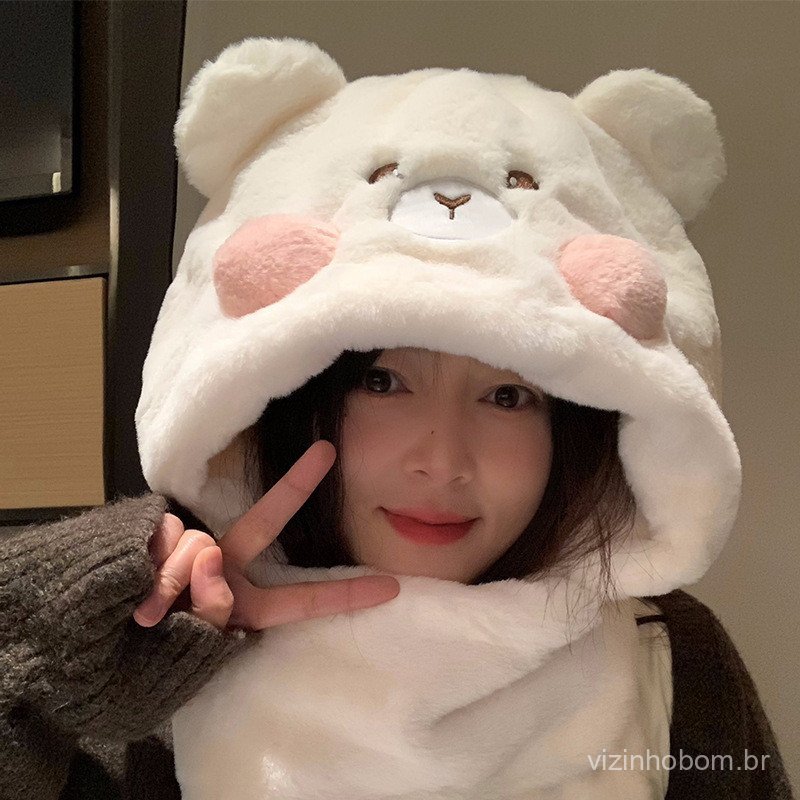 Conjunto de três peças de gorro, cachecol e luvas com estampa de urso fofo para mulheres, quente para o inverno, forrado