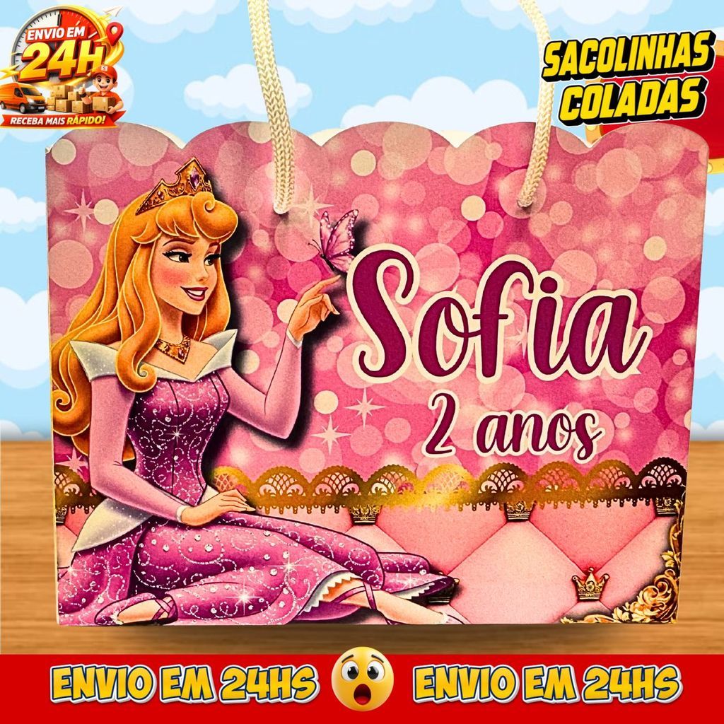Sacolinhas Princesa Aurora Personalizadas / Lembrancinhas Bela Adormecida Infantil Premium com Nome e Idade PEGUE E MONT
