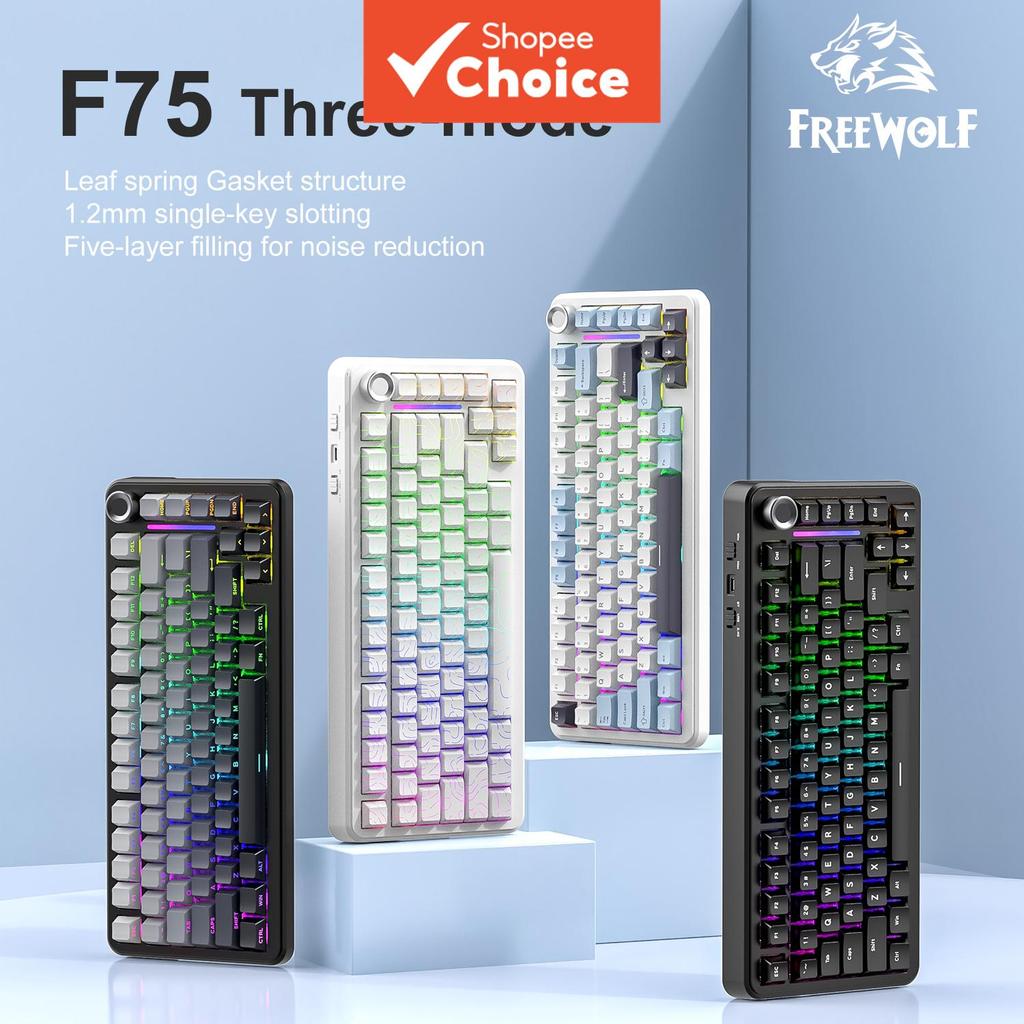 Teclado gamer mecânico sem fio FREEWOLF F75 com Bluetooth, bateria de 4000mAh, troca a quente, estrutura gasket