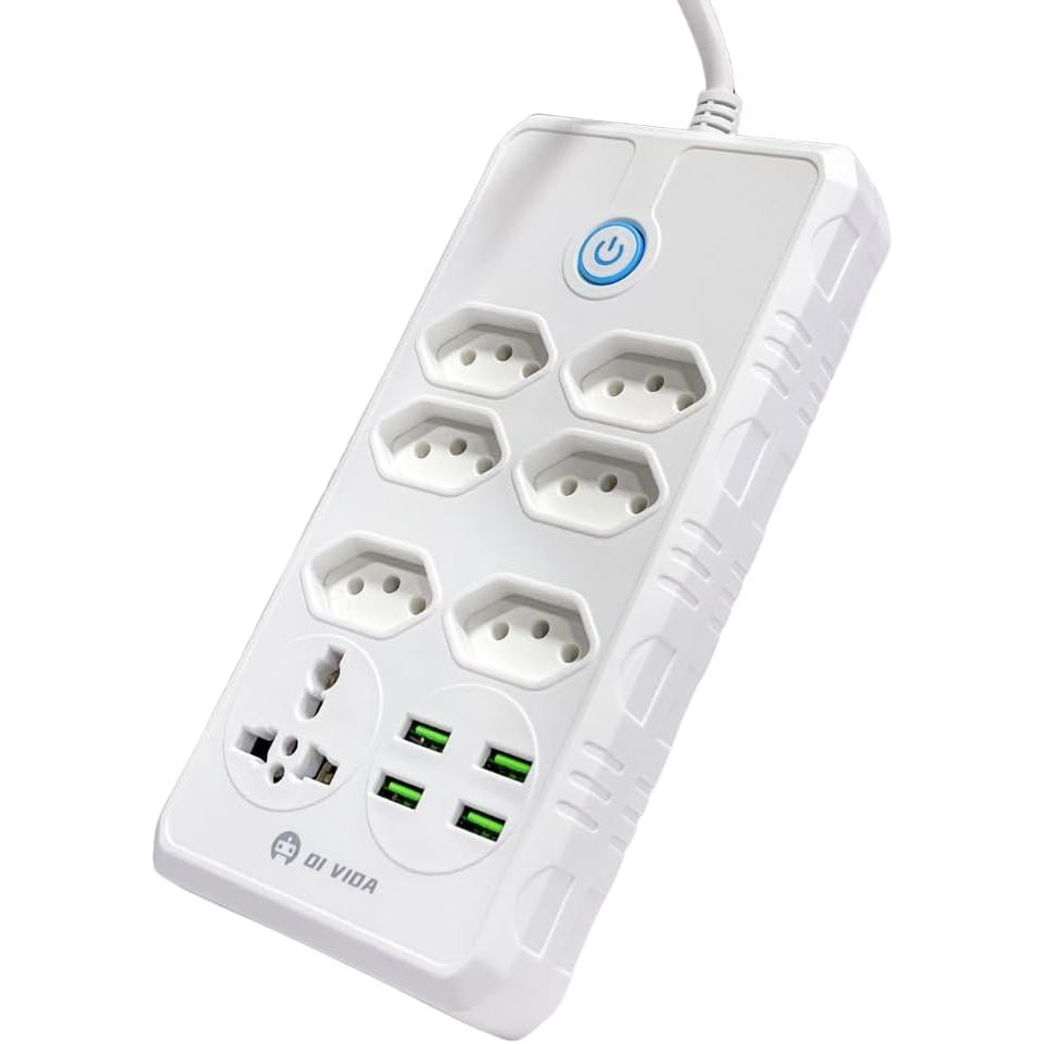 Filtro de Linha Oi Vida OI-TO136 6 Tomadas 4 Entradas USB Proteção Surtos Fusível EMI/RFI Bivolt 2500W Cabo 2m Branco