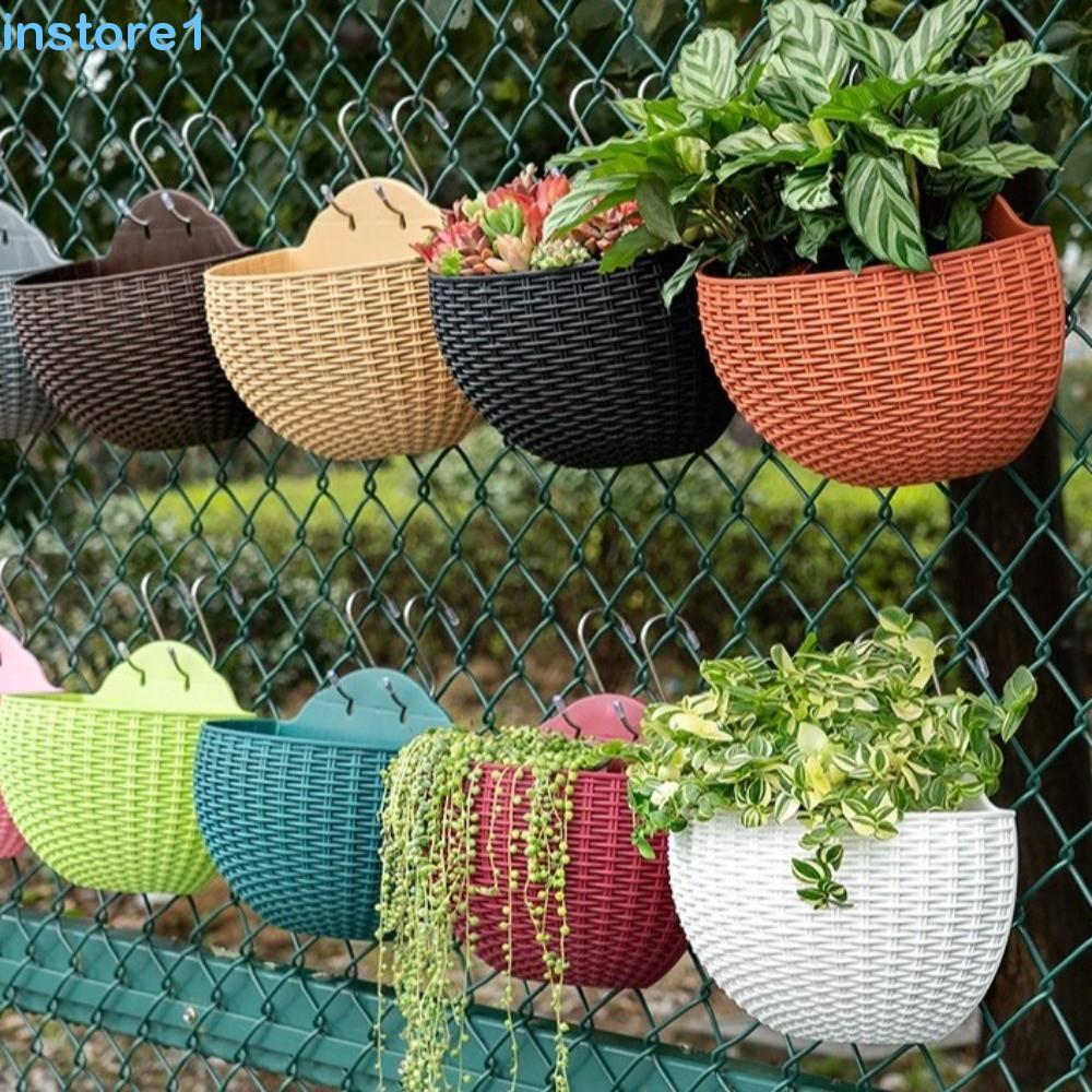 Vaso De Flores Suspenso INSTORE , Cesta De Suspensão De Parede Meia Redonda De Tecelagem De Vime De Plástico , Decorativ