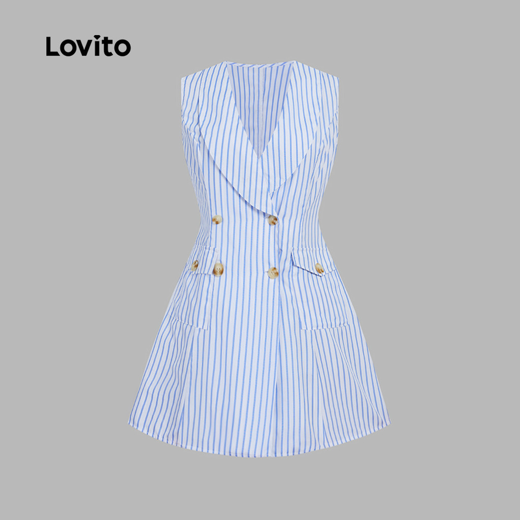Detalhes do Lovito Vestido Elegante com Botão Bolso Primavera/verão Azul e Branco para mulheres L143ED528
