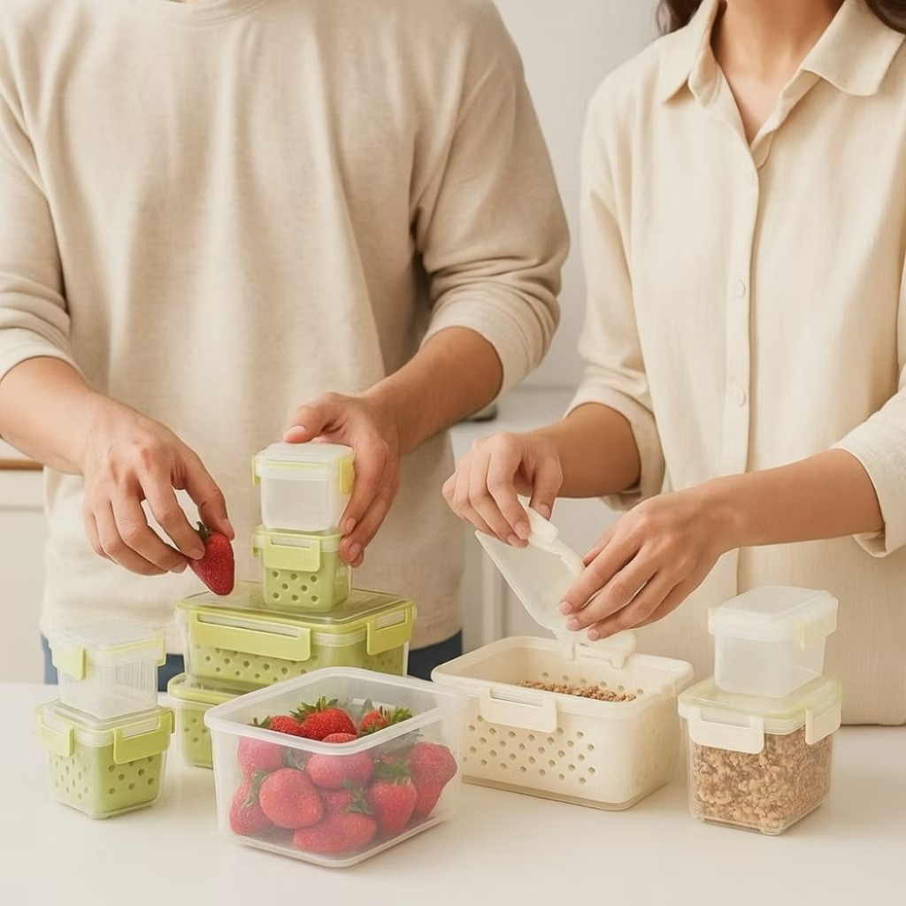 Kit 5 Organizadores Hermeticos Geladeira 1 Grandes + 2 Medias + 2 Pequenos Alimentos Vegetais