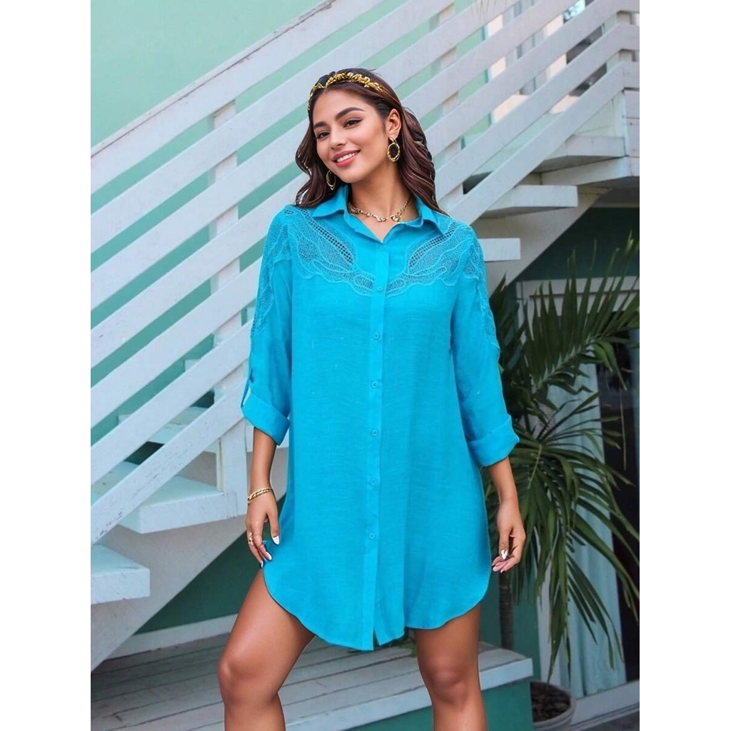 Camisas Feminina De Praia Moda Verão De Manga Longa Elegante Lançamento Saída De Praia Chemise Feminino Botão em Oferta na Shopee