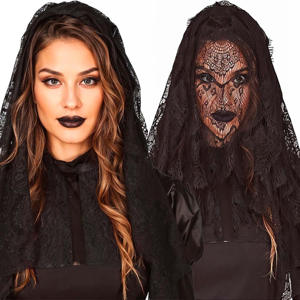 Véu Renda Preto Médio 66cm com Pente para Fixar no Cabelo Acessório de Fantasia Gótica Noiva Cadáver Bruxa Viúva