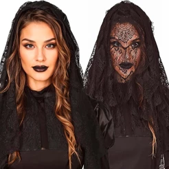 Véu Renda Preto Médio 66cm com Pente para Fixar no Cabelo Acessório de Fantasia Gótica Noiva Cadáver Bruxa Viúva
