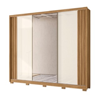 Guarda Roupas Casal Com Espelho Ripado 3 Portas de Correr 6 Gavetas Freijó/Off White Arizona Moval em Oferta na Shopee