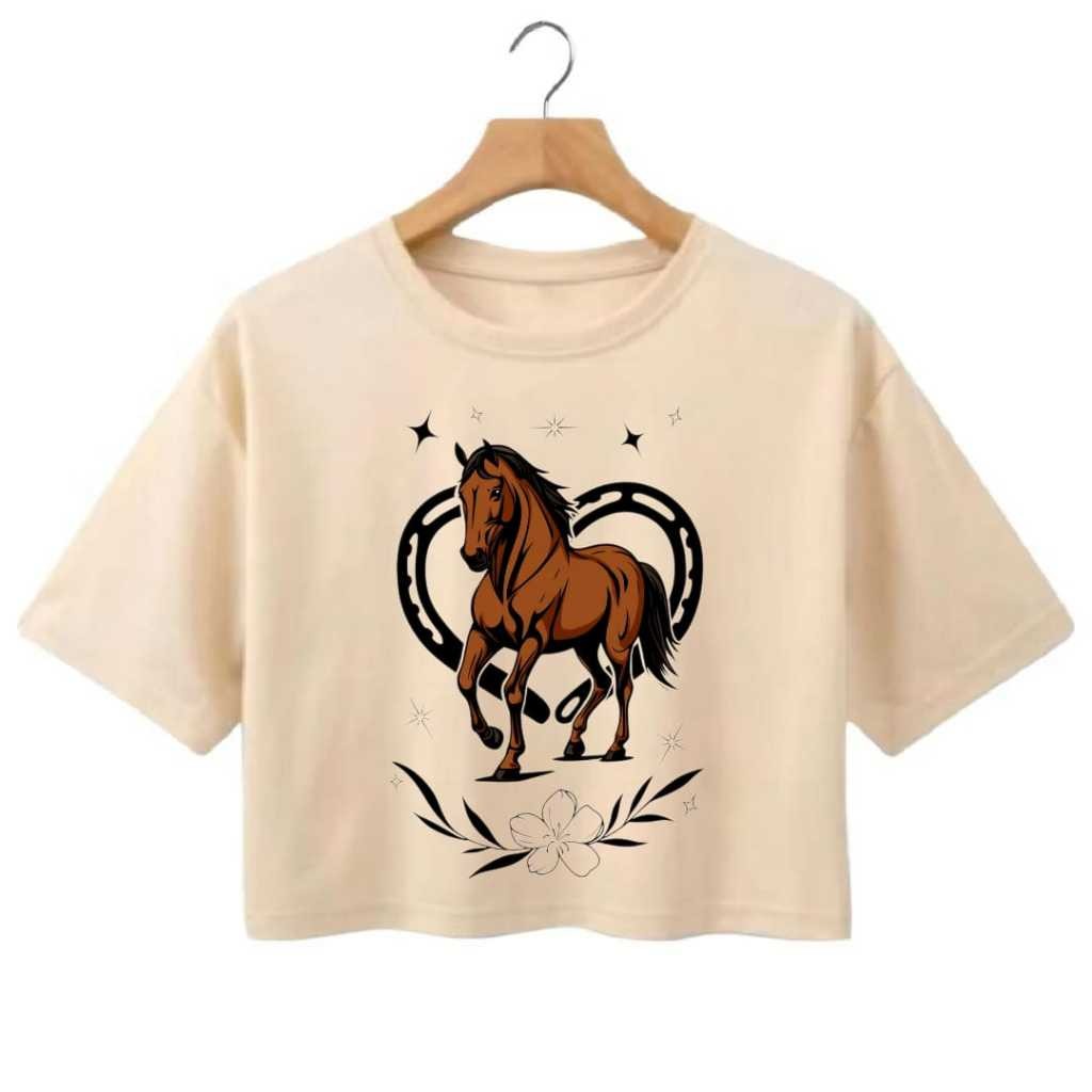 Camisa Cropped T-Shirt Oversize Cavalo Coraçao 100% Algodão Lançamento em Oferta na Shopee