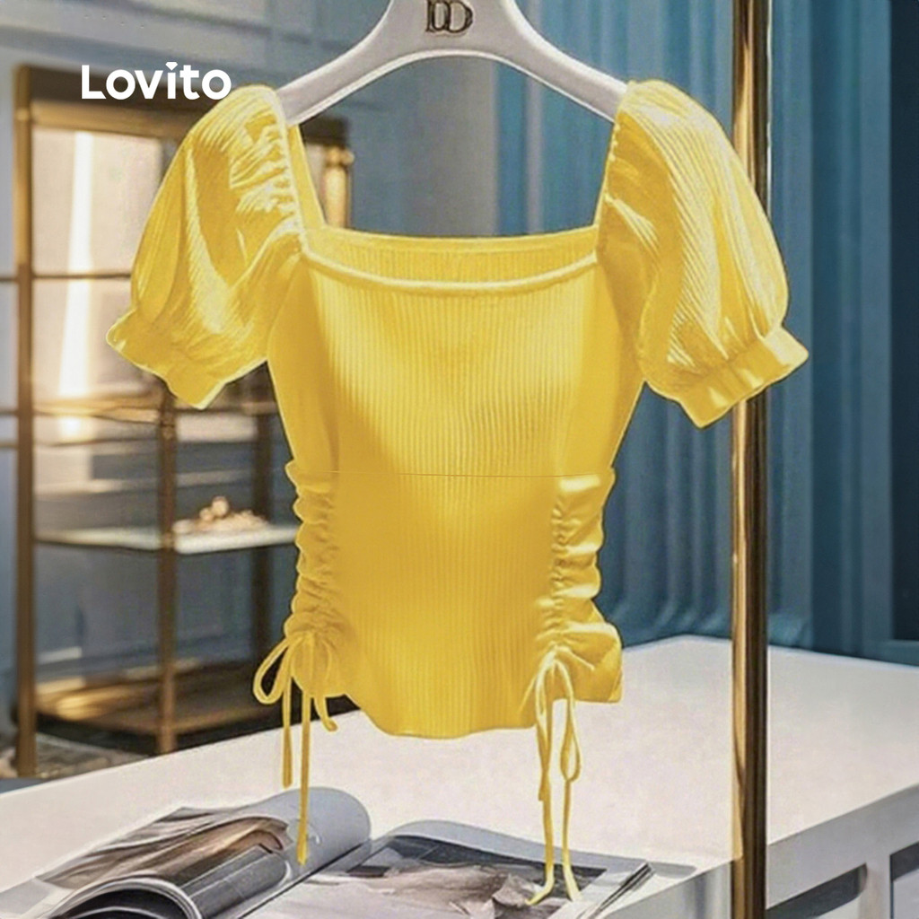 Lovito Camiseta Casual com Cadarço Franzida Primavera/verão Camiseta Amarela para mulheres L143ED484 em Oferta na Shopee