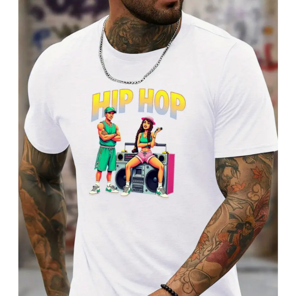 Bonito Camiseta Masculina Vintage De Algodão Estilo Hip-hop Com Letras HIP HOP E Estampa De Amante Da Música