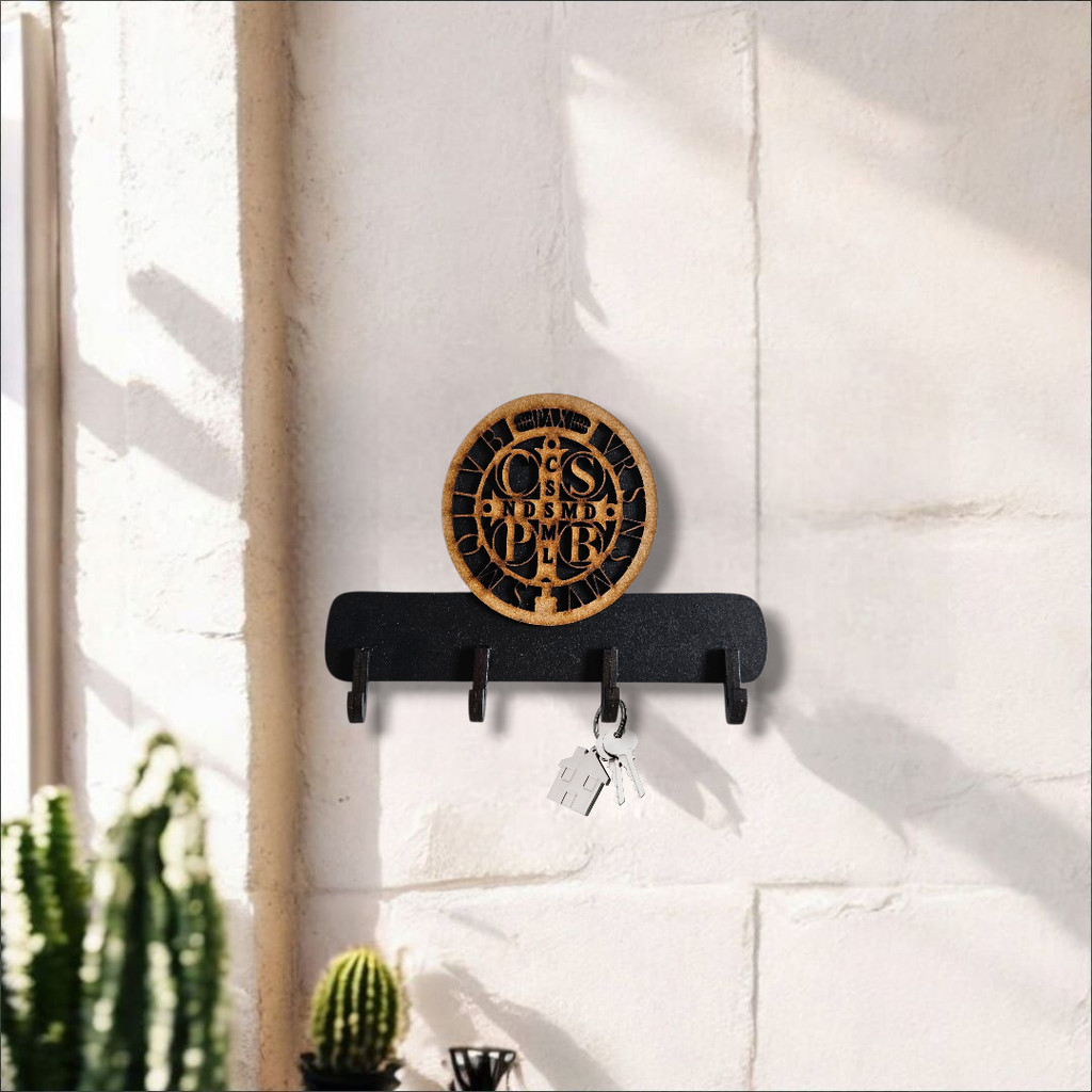 Porta Chaves  Medalha São Bento Mdf 16x10 Suporte Decorativo Preto