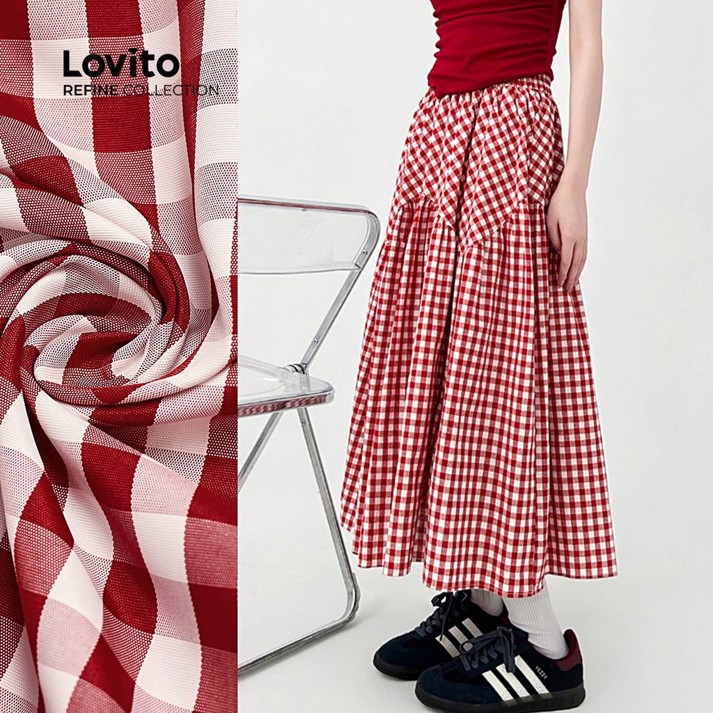 (Lovito Refine) Saias Casuais Estilo Preppy Plissadas Vermelhas Para Mulheres Na Primavera/verão LR18E048 em Oferta na Shopee