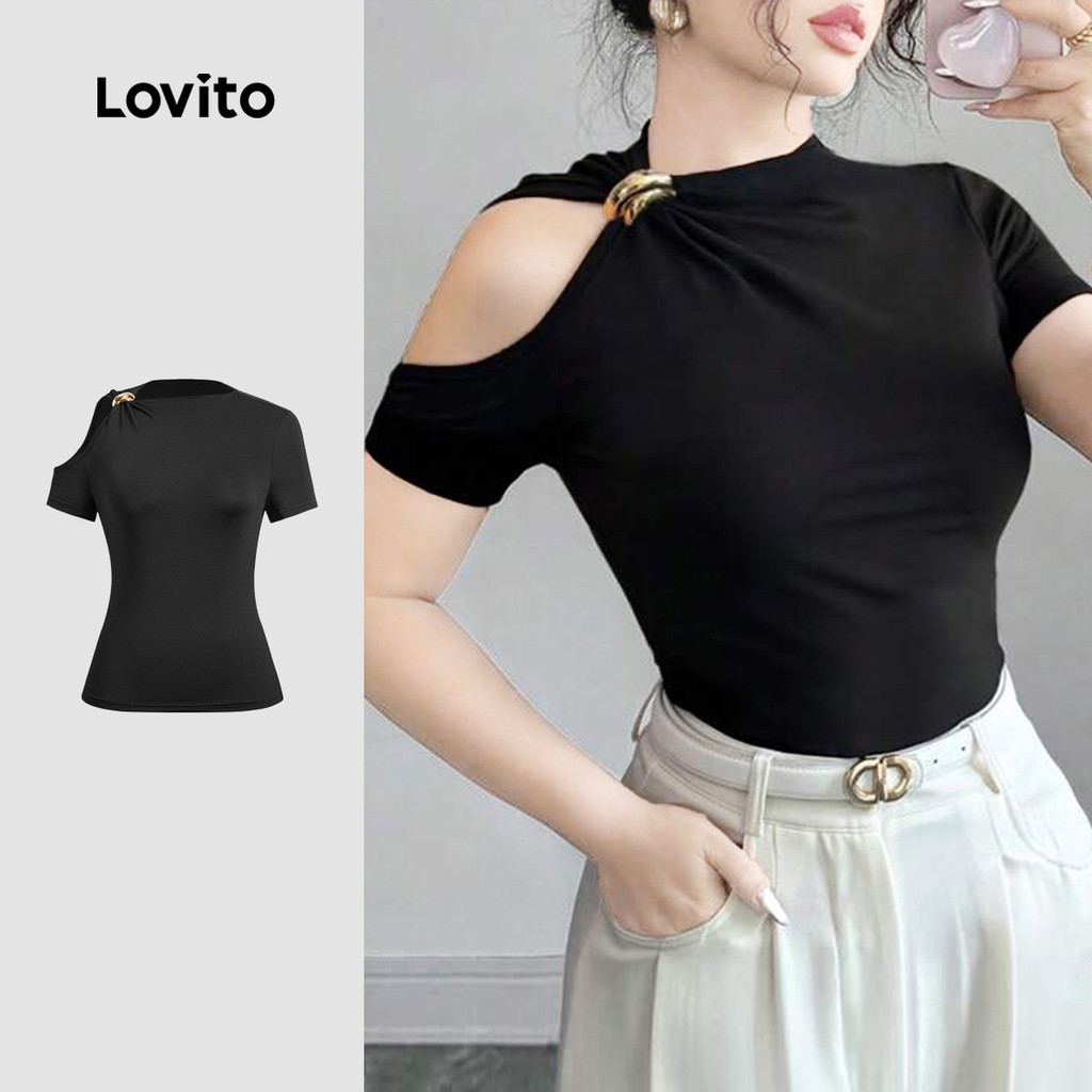 Lovito Camiseta Casual Preta Assimétrica Com Detalhes Metálicos Para O Verão/primavera Para Mulheres L150AD1022 em Oferta na Shopee