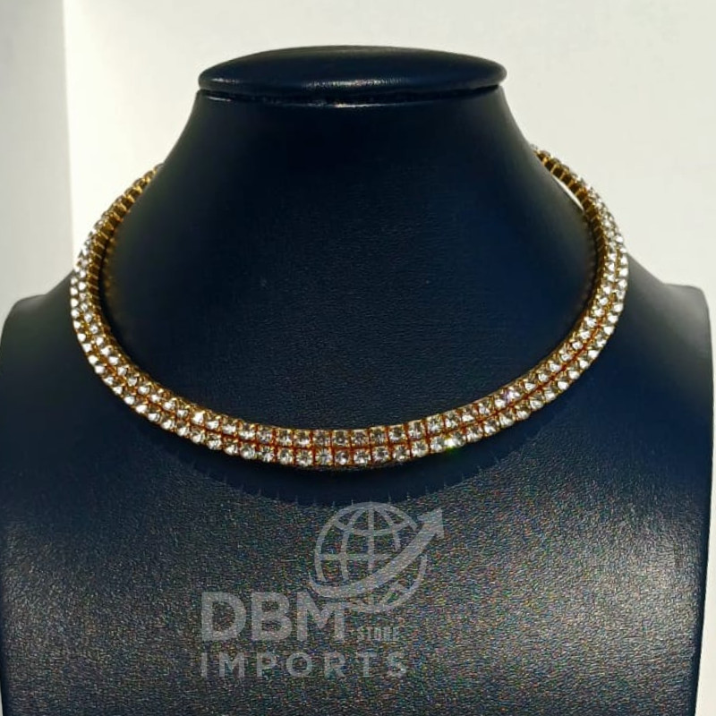✨ Colar Luxo Feminino Choker Riviera com Strass Dourado – Joia Elegante para Festas e Eventos ✨