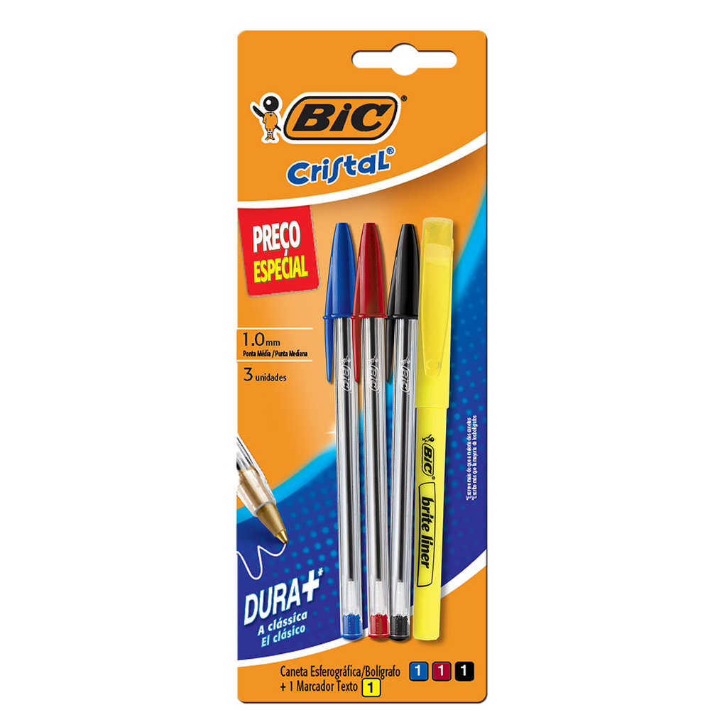 Kit escrita Cristal 1.0 com 3 unidades e 1 marca texto Brite Liner Bic