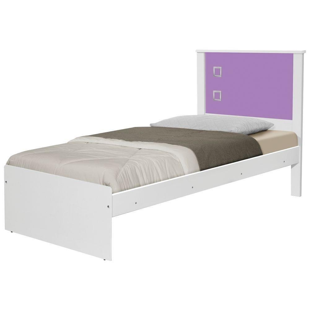 Cama Solteiro Alicante Branca e Lilas com Cabeceira