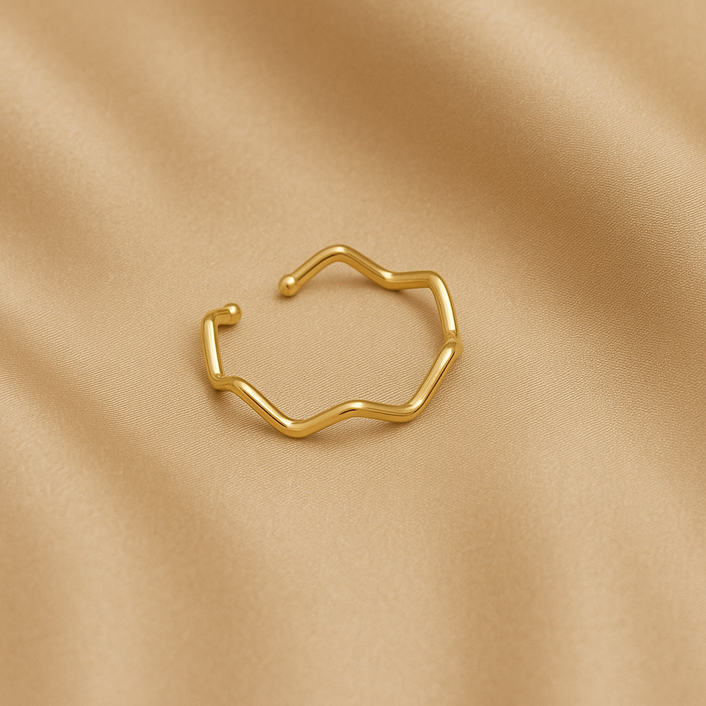 Anel Aberto Moderno Design Ondas Feminino Ajustável Elegante Dourado com Garantia Banhado a Ouro 18k